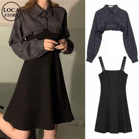 セットアップ チェック柄 クロップド丈 ブラウス ジャンパースカート ジャンスカ 肩ベルト 2点セット レトロ 韓国ファッション レディース 大人可愛い ガーリー DTC-636051901641
