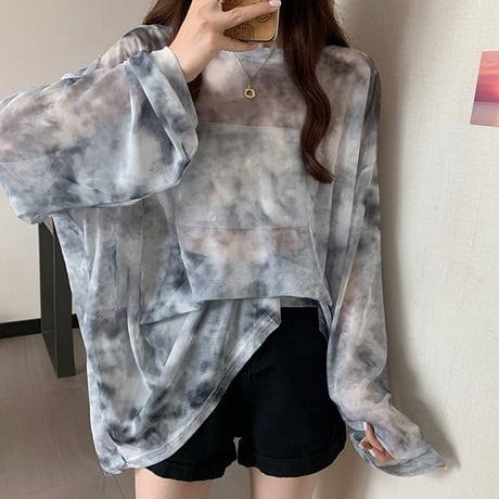 タイダイ柄 tシャツ シアートップス 薄手 クルーネック シアーtシャツ トップス オーバーサイズ ゆったり ルーズ 長袖 レトロ 大人可愛い ガーリー DTCA-745927970542