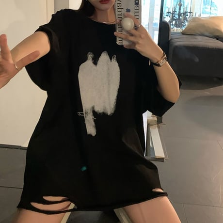 Tシャツ クラッシュ加工 オーバーサイズ ルーズ ダメージ加工 半袖 大人可愛い ガーリー カジュアル 韓国ファッション レディース 韓国ストリートファッション DTCA-671002996446