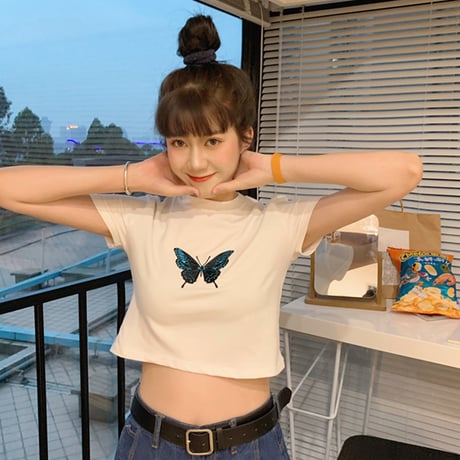 バタフライ Tシャツ クロップド丈 半袖 ホワイト 蝶 白 ショート丈 かわいい レトロ 韓国ファッション レディース 大人可愛い ガーリー DTC-615160318594_wt