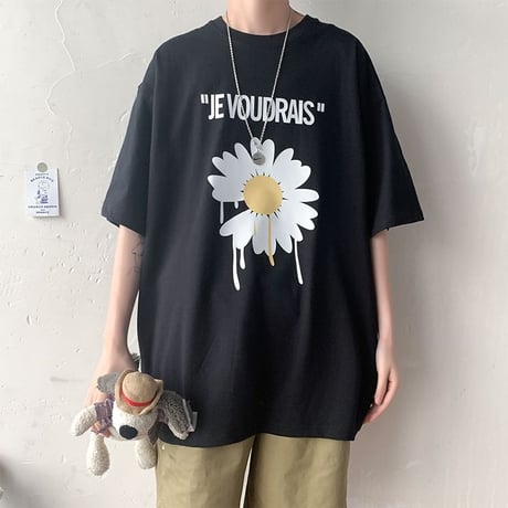 Tシャツ 半袖 メンズ レディース ユニセックス ラウンドネック 英字 フラワー デイジー プリント オーバーサイズ 大きいサイズ ルーズ ストリート TBN-612389429637