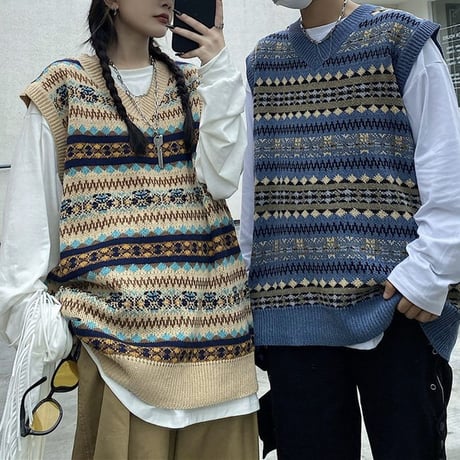 ユニセックス ニットベスト フェアアイル柄 Vネック ゆったり ルーズ オーバーサイズ 韓国ファッション レディース メンズ カジュアル レトロ DTC-653922588077