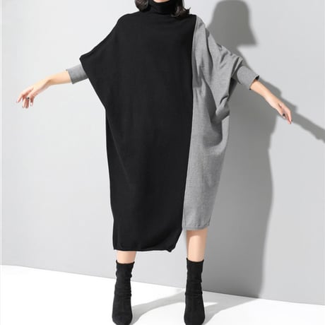ニットワンピース アシンメトリー バイカラー ハイネック ロングワンピース ニット ワンピース ゆったり ルーズ 長袖 レトロ 大人可愛い ガーリー DTCA-620987413432