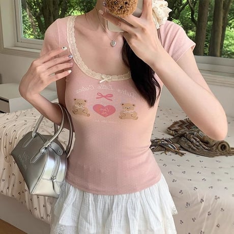 tシャツ ドット柄 クマちゃん リボン レース トップス Uネック スリムフィット スリムtシャツ 半袖 レトロ 大人可愛い ガーリー カジュアル DTCA-811944873611