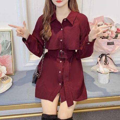 シャツワンピース コーデュロイ アンブレラヨーク ベルト付き ウエストマーク チュニック 無地 長袖 レトロ 韓国ファッション レディース 大人可愛い ガーリー DTC-658655074279