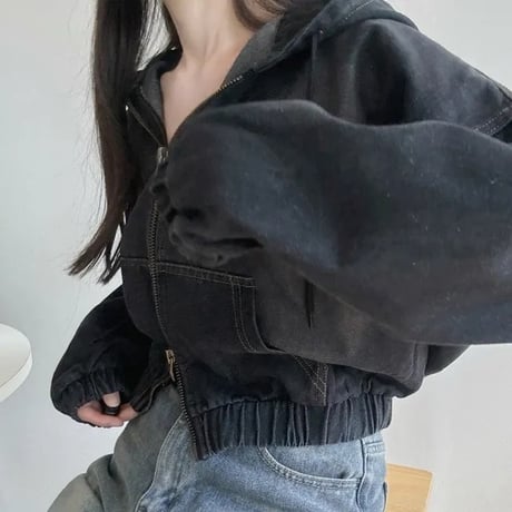 フード付き デニムブルゾン ショート丈 デニムジャケット ダブルジップ ブルー ブラック ライトアウター ルーズ 春 秋 レトロ 大人可愛い ガーリー カジュアル DTCA-890898406976