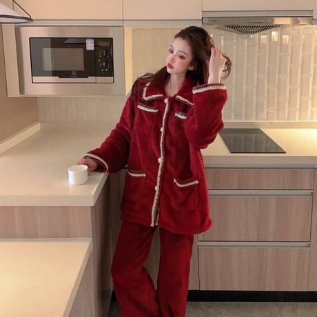 ルームウェア パジャマ セットアップ フリース プラスベルベット トップス + パンツ 長袖 上下セット 韓国ファッション レディース もこもこ ガーリー 633794682654