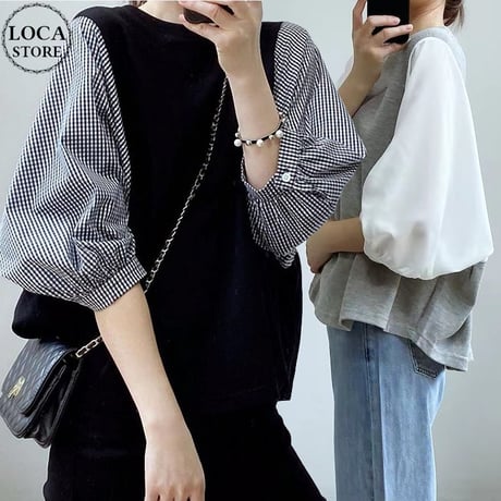 ドッキングブラウス 5分袖 トップス バルーン袖 チェック柄 無地 フェイクレイヤード Tシャツ レトロ 韓国ファッション レディース 大人可愛い ガーリー DTC-708136202207
