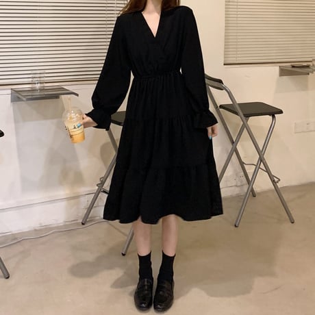 ティアードワンピース Vネック ロング丈 ハイウエスト 長袖 韓国ファッション レディース ミニワンピース 大人可愛い ガーリー フェミニン DTC-652647299876