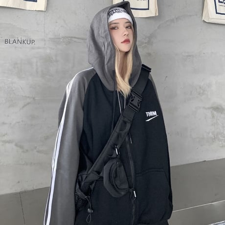 【3カラー】 ユニセックス パーカー ジップアップ バイカラー 裏起毛 ルーズ ライン入り 韓国ファッション メンズ レディース カジュアル ストリート系 DTC-627099735837