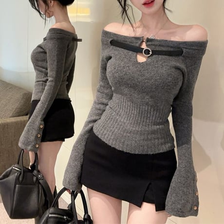 ベルトデザイン ニット カットアウト 胸あき オフショルダー オフショル スリムフィット タイト スリムニット トップス 長袖 レトロ 大人可愛い ガーリー DTCA-870321341966
