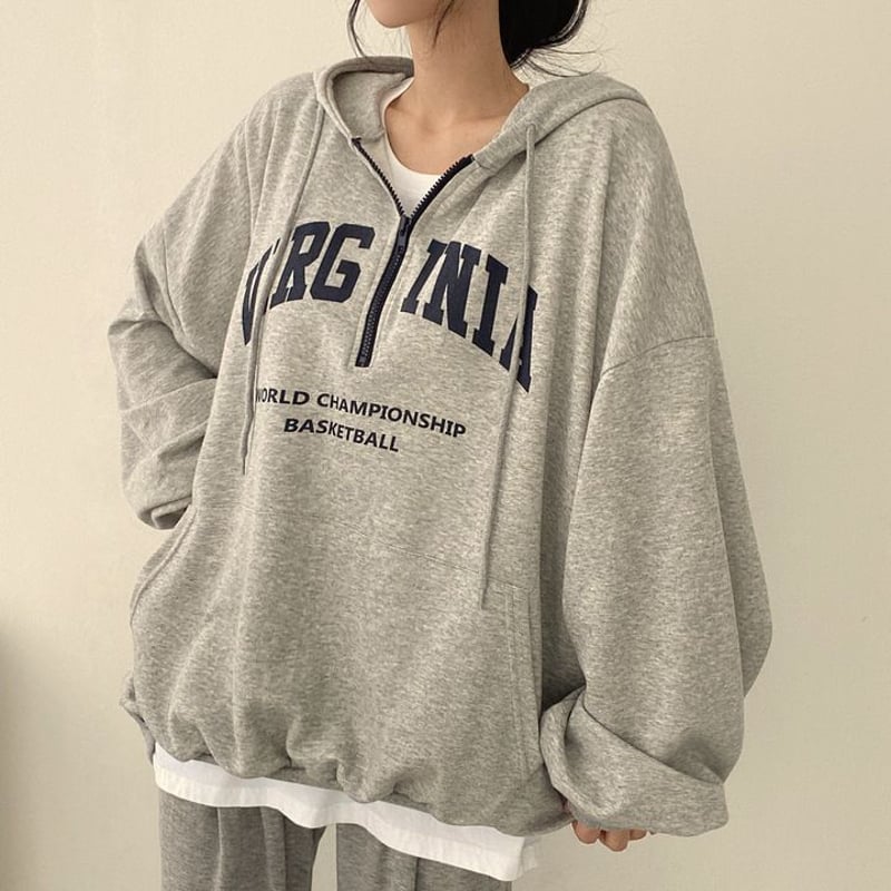 3カラー ハーフジップ パーカー ロゴプリント オーバーサイズ 裏起毛