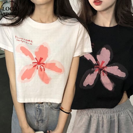 クロップド丈 Tシャツ 半袖 フラワープリント ショート丈 へそ出し 半袖Tシャツ レトロ 韓国ファッション レディース 大人可愛い ガーリー カジュアル DTC-675573313513