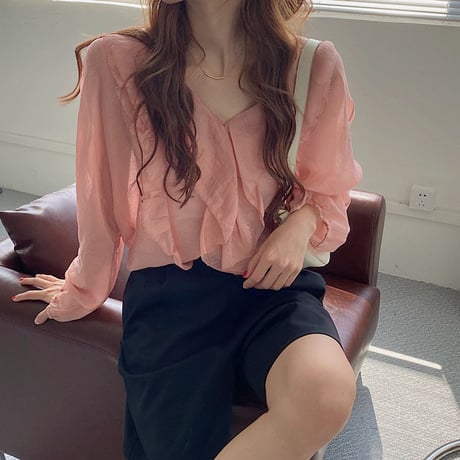 フリル ブラウス Vネック 長袖 韓国ファッション レディース トップス ゆったり カットソー 大人可愛い ガーリー DTC-623229289562