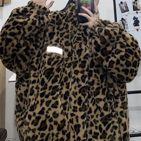 ユニセックス リバーシブル 2way ボアブルゾン ヒョウ柄 レオパード柄 アウター ブルゾン 両面 暖かい 防寒 もこもこ ゆったり レトロ カジュアル DTC-631775886664