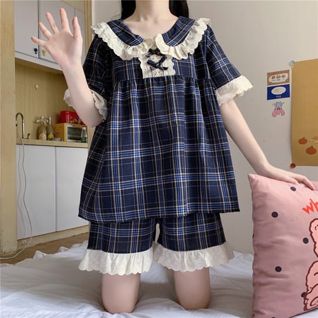 ルームウェア パジャマ セットアップ チェック柄 フリル トップス ショートパンツ 韓国ファッション レディース 上下セット 部屋着 ガーリー フェミニン DTC-639918013905_a