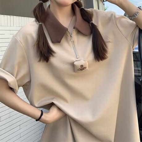ポロワンピース ハーフジップ バックプリント 半袖 配色 POLOカラー ミニワンピース ハイウエスト レトロ 韓国ファッション レディース ガーリー カジュアル DTC-679716051631