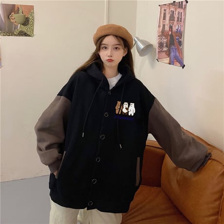 フード付き ブルゾン パーカー 月輪熊 パンダ 白熊 プラスベルベット アウター オーバーサイズ 韓国ファッション レディース ガーリー カジュアル ストリート系 DTC-630016028692