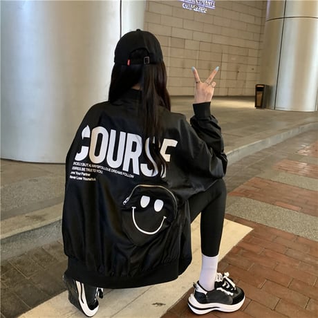 スタジャン スマイル ブルゾン ゆったり アウター 韓国ファッション レディース MA-1 ニコちゃん カジュアル ストリートファッション シンプル DTC-653848718257