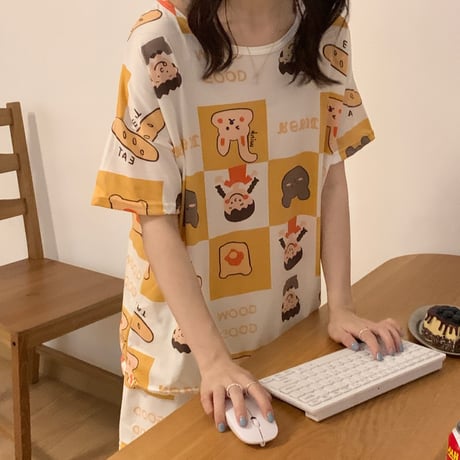 ルームウェア パジャマ セットアップ ラウンドネック プリント ウエストゴム 上下セット トップス ショートパンツ 部屋着 大人可愛い ガーリー フェミニン DTC-642929082786