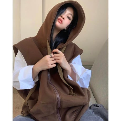 フード付き ベスト パーカー ベスト ジップアップ オーバーサイズ ルーズ レトロ 韓国ファッション レディース ガーリー カジュアル DTC-683052548777