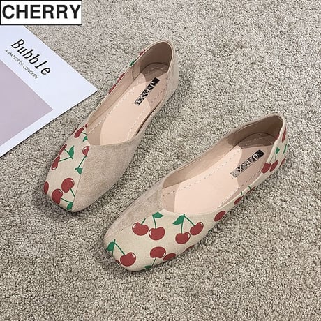 パンプス フルーツ柄 フラットシューズ ぺたんこ 韓国ファッション レディース シンプル フラットパンプス シューズ いちご柄 パイナップル柄 チェリー柄 かわいい 610995457990