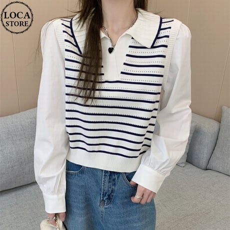 ドッキングトップス ボーダー柄 ニットベスト ブラウス フェイクレイヤード ショート丈 重ね着風 長袖 レトロ 韓国ファッション レディース 大人可愛い ガーリー DTC-679215300569