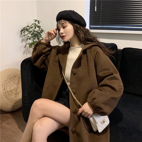 フード付き コート 韓国 ファッション レディース ポケット ランタンスリーブ パフ袖 アウター ロング丈コート ウールコート レトロ (DTC-606921346543)