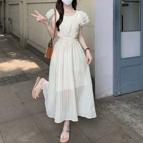 背中開き ワンピース バックオープン フライングスリーブ ロング丈 ウエスト開き Aライン ハイウエスト レトロ 大人可愛い ガーリー 韓国ファッション レディース DTC-724421380320