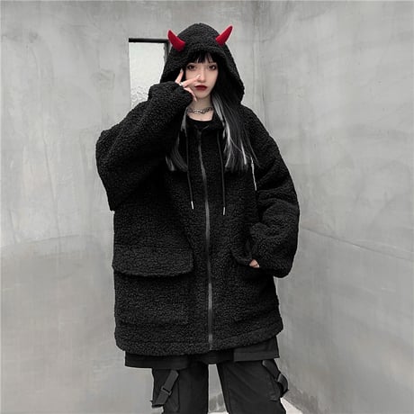悪魔の角 フード ボアジャケット ボアブルゾン ラムウール 韓国ファッション レディース ボアパーカー ゆったり アウター 大人可愛い ガーリー DTC-630246238892