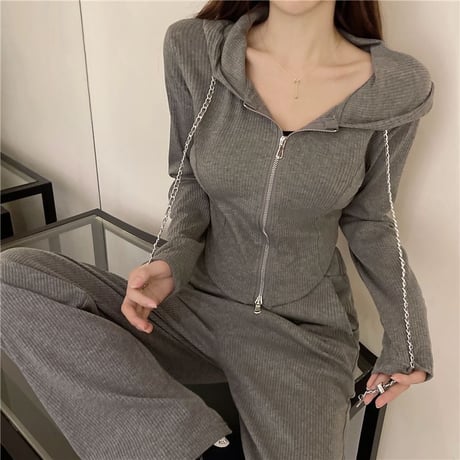 セットアップ 2点セット スウェット ダブルジップ パーカー ショート丈 パンツ スリムフィット 不規則デザイン トップス ボトムス 長袖 レトロ カジュアル DTCA-764266076419