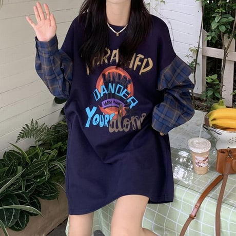 重ね着風 トップス フェイクレイヤード Tシャツ 切替 チェック柄 長袖 韓国ファッション レディース 大人可愛い ガーリー カジュアル ストリートファッション DTC-682533529922