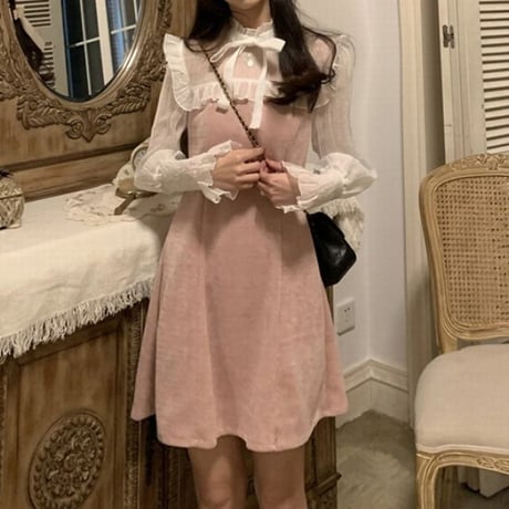 フリル ワンピース ボウタイ リボン 長袖 パフスリーブ ハイウエスト 韓国ファッション レディース かわいい ガーリー DTC-633952755941