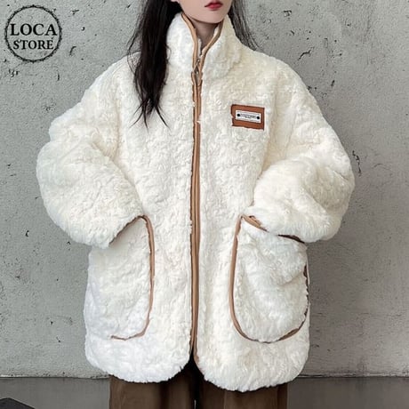 ボアジャケット ボアブルゾン もこもこ ゆったり ボア ラムウール ドロップショルダー 配色 ジップアップ 韓国ファッション レディース 大人可愛い ガーリー DTC-658129547530