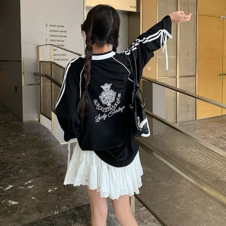 ユニフォーム風 トップス サイドライン リボン プルオーバー ロンT tシャツ Vネック オーバーサイズ ルーズ 長袖 レトロ 大人可愛い ガーリー カジュアル DTCA-839618355803
