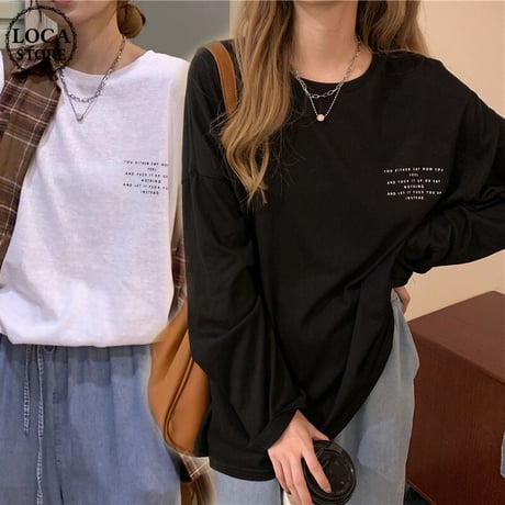 Tシャツ 2カラー 長袖 ルーズ 韓国ファッション レディース トップス 英字プリント シンプル ラウンドネック オーバーサイズ カジュアル かわいい 626233161455