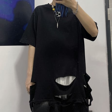 ユニセックス tシャツ ダメージ加工 半袖 オーバーサイズ カジュアル 韓国ファッション メンズ レディース ストリートファッション DTC-618883841543