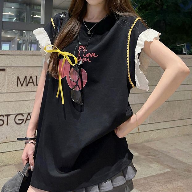 Tシャツ リボン さくらんぼプリント フライングスリーブ レース