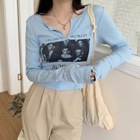 【3カラー】 Tシャツ 長袖 キーネック ショート丈 ロンT カットソー レトロ 韓国ファッション レディース 大人可愛い ガーリー カジュアル DTC-666641340557