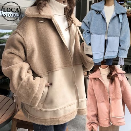 ボアブルゾン ジップアップ 韓国 ファッション レディース ボアジャケット もこもこ ボア ベルト ドロップショルダー オーバーサイズ (DTC-606104703290)