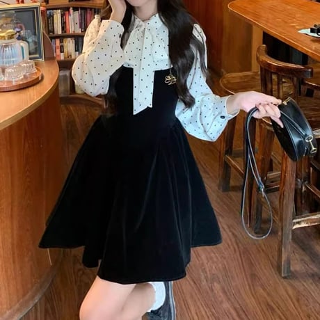 フェイクレイヤード ワンピース ドット柄 ブラウス ジャンパースカート リボン ボウタイ フェイクツーピース ミニワンピース Aライン レトロ 大人可愛い ガーリー DTCA-885816764205