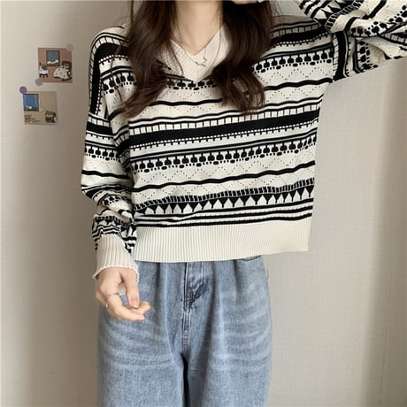 ニットセーター ジャカード Vネック ショート丈 長袖 ルーズ レトロ 韓国ファッション レディース 大人可愛い ガーリー DTC-658384210039