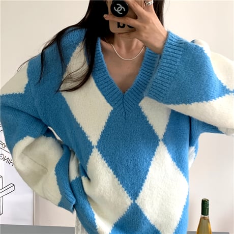 ダイヤ柄 ニット ニットセーター プルオーバー Vネック 長袖 ルーズ ゆったり レトロ 韓国ファッション レディース 大人可愛い ガーリー DTC-655919132061