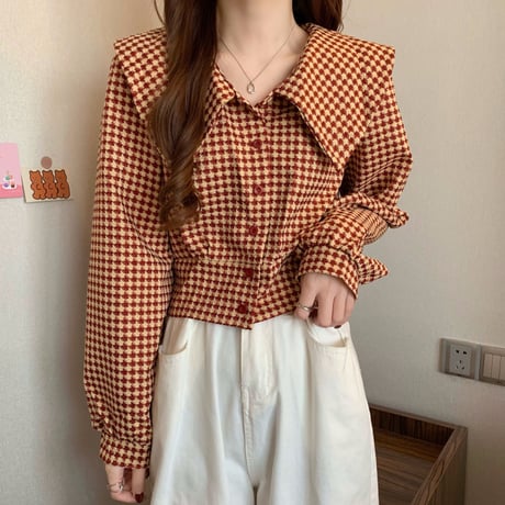 ブラウス風 ショートジャケット 千鳥格子 アウター ビッグカラー チェック柄 ジャケット ショート丈 レトロ 韓国ファッション レディース 大人可愛い ガーリー DTC-665439445191