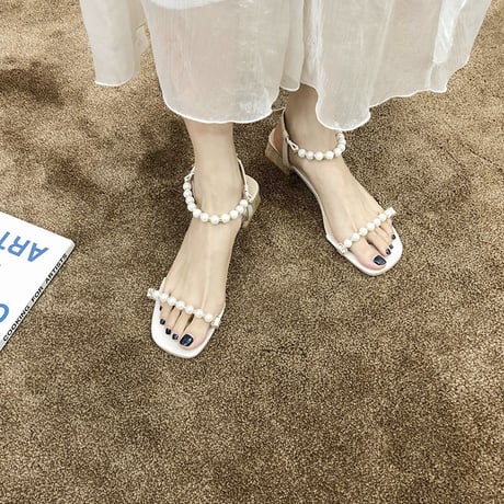 サンダル イミテーションパール アンクルストラップ チャンキーヒール 4.5cm スクエアトゥ 韓国ファッション レディース 痛くない かわいい 靴 歩きやすい 597358297090
