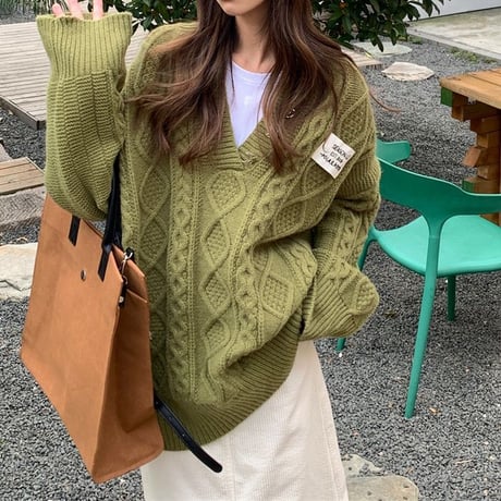 ニットセーター ケーブル編み プルオーバー 長袖 Vネック ニット ルーズ ゆったり レトロ 韓国ファッション レディース 大人可愛い ガーリー カジュアル DTC-661238545436