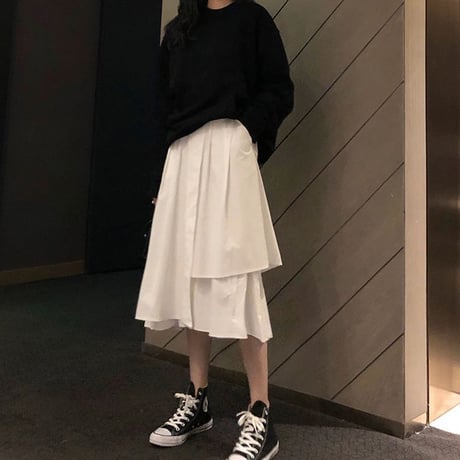 スカート 不規則 イレギュラー Aライン 韓国ファッション レディース 無地 すね丈 ハイウエスト ガーリー フェミニン レトロ DTC-603415311658