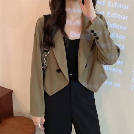 ショートジャケット ダブルブレスト 薄手 ルーズ 長袖 韓国ファッション レディース ジャケット 大人可愛い ガーリー DTC-624318596851