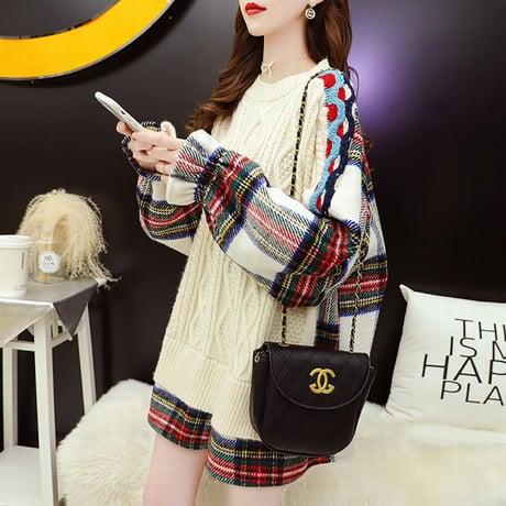 ドッキングトップス フェイクレイヤード ケーブル編み ニット ＋ チェック ネルシャツ 韓国ファッション レディース ラウンドネック 保温 大人カジュアル ガーリー DTC-628217939644