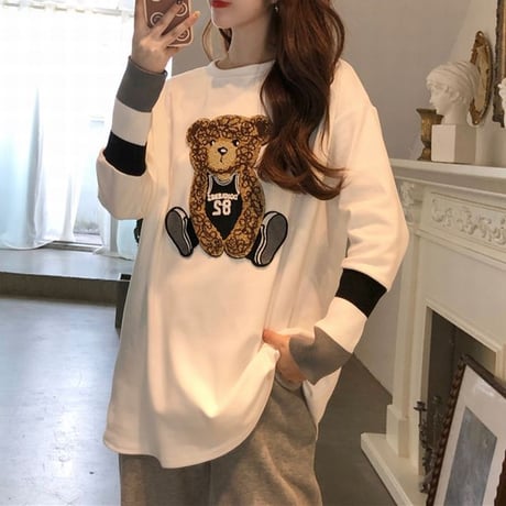 tシャツ クマちゃん ベアー 袖リブニット クルーネック 裏起毛 トップス ゆったり 長袖 レトロ 韓国ファッション レディース 大人可愛い ガーリー フェミニン DTC-659982367382